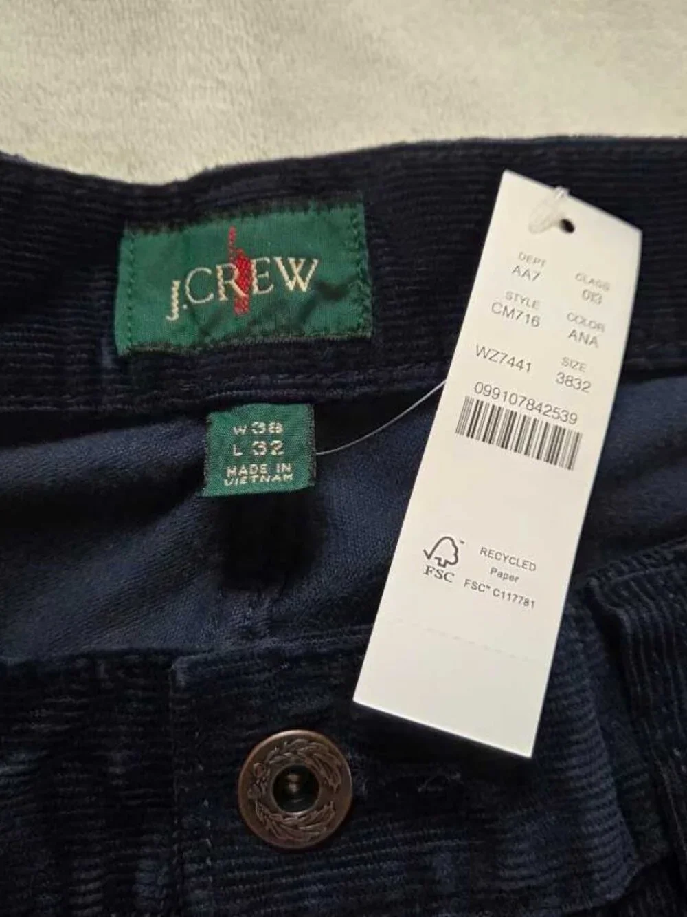 New 38x32 J.Crew 770 straight-fit five-pocket pant in stretch corduroy Navy cord